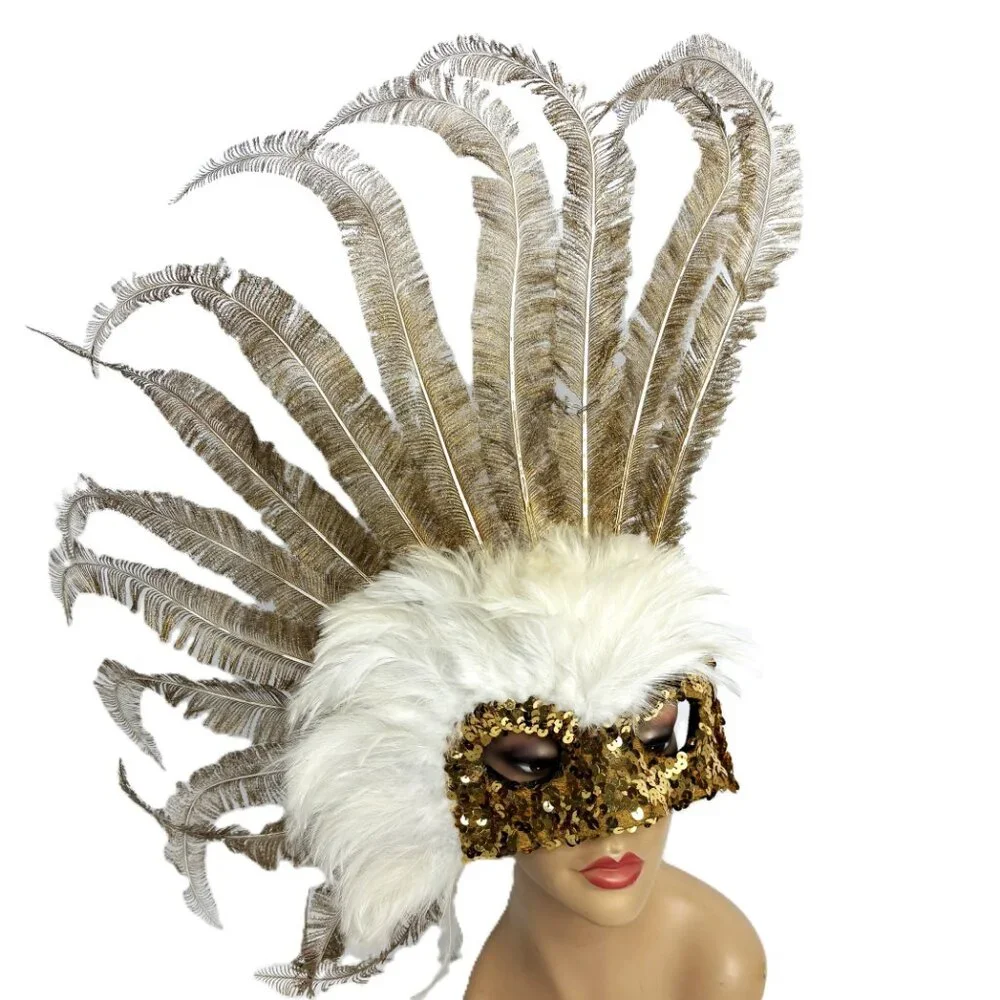 Showgirl Carnival Feather Gold White Mask Headdress Deluxe Vintage